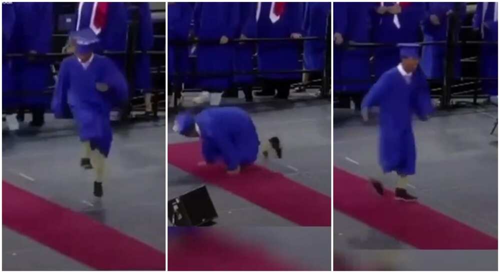 Photos of a man in dancing position during his graduation ceremony.