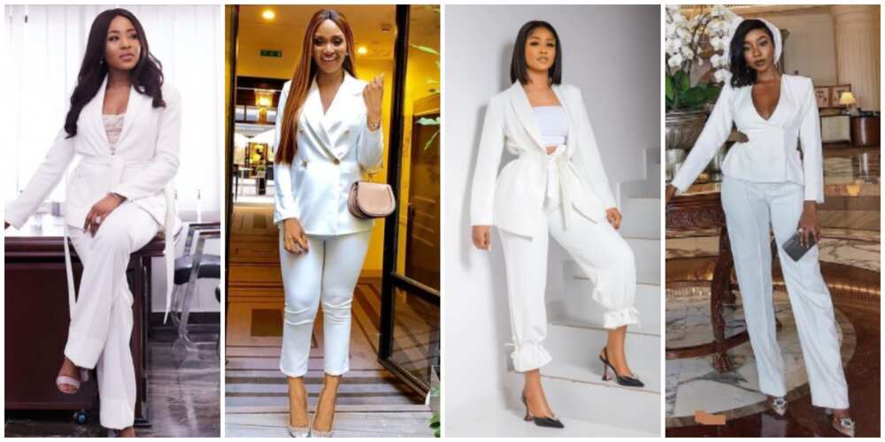 Nigerian celebrities in white pantsuits.