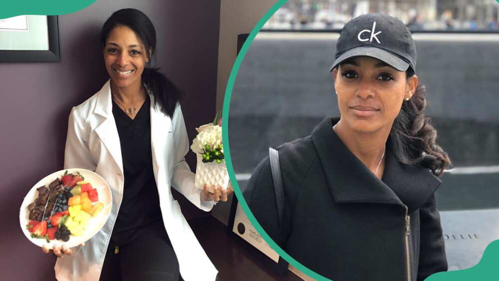 Michael Jai White's ex-wife, Courtenay, at her clinic, holding a plate of fruits and a bunch of flowers (L) and at the cemetery (R)