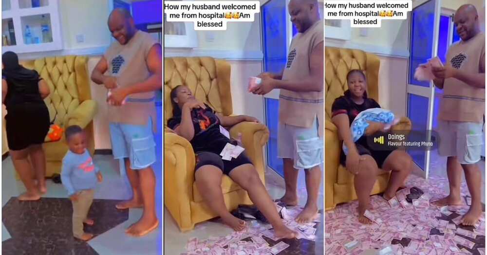 Nigerian man welcomes wife from labour room with wads of cash
