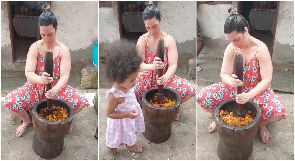 Photos of a white woman pounding cooked palm fruits.