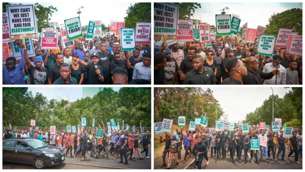 Protesters, INEC chairman, Mahmood Yakubu, PDP APC, Labour Party, youths, Muhammadu Buhari Protesters, INEC chairman, Mahmood Yakubu, PDP APC, Labour Party, youths, Muhammadu Buhari