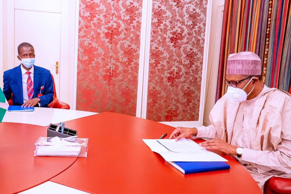 BREAKING: Buhari holds secret meeting with AGF Malami and new EFCC boss Bawa