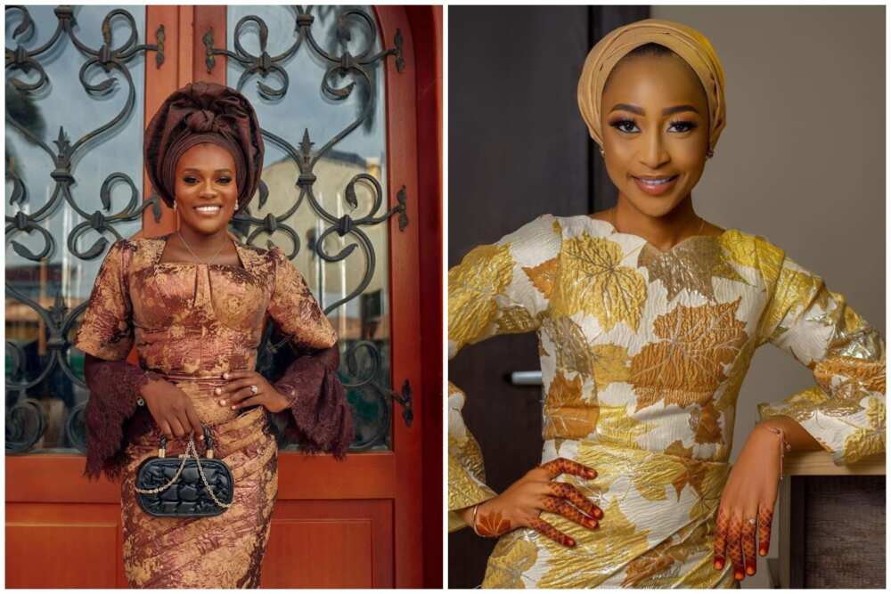 Two ladies in Damask aseobi gown style