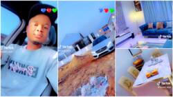 Young millionaire builds mansion, packs Benz in front of building, interior decor of cool furniture wows many