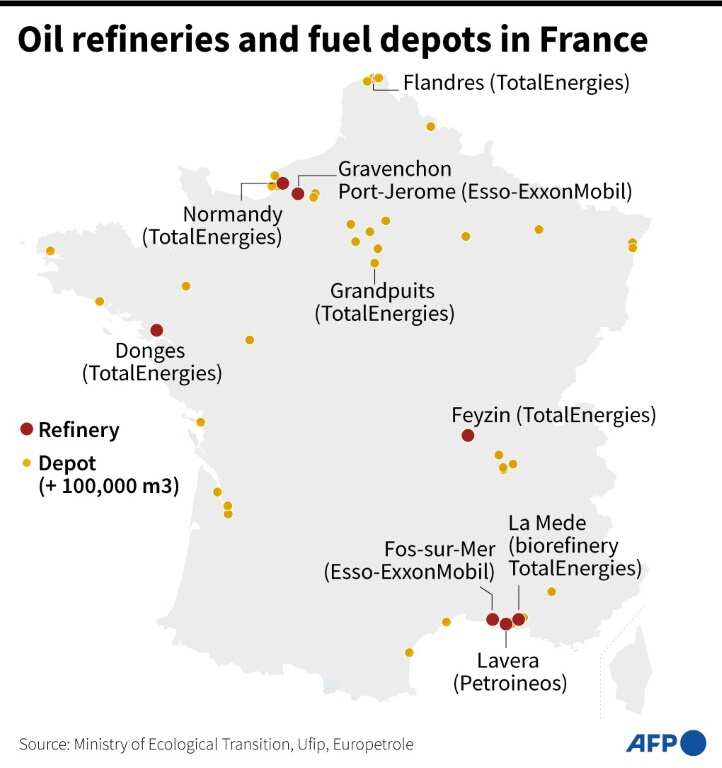 Oil refineries and main fuel depots in France