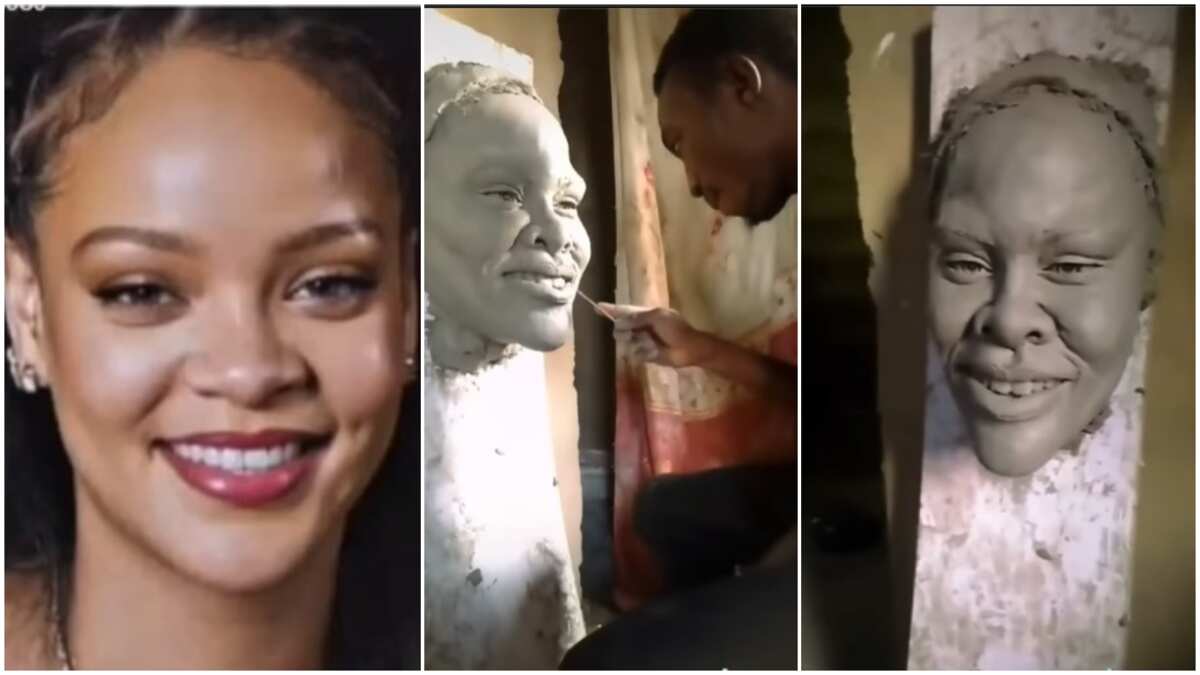 Young man makes sculpture of Rihanna in viral video, Nigerians disagree, say it doesn't look like her