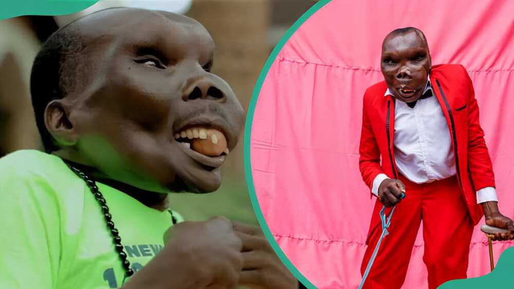 A picture of Godfrey Baguma in a green t-shirt (L). Godfrey Baguma posing for a picture in a red suit (R).