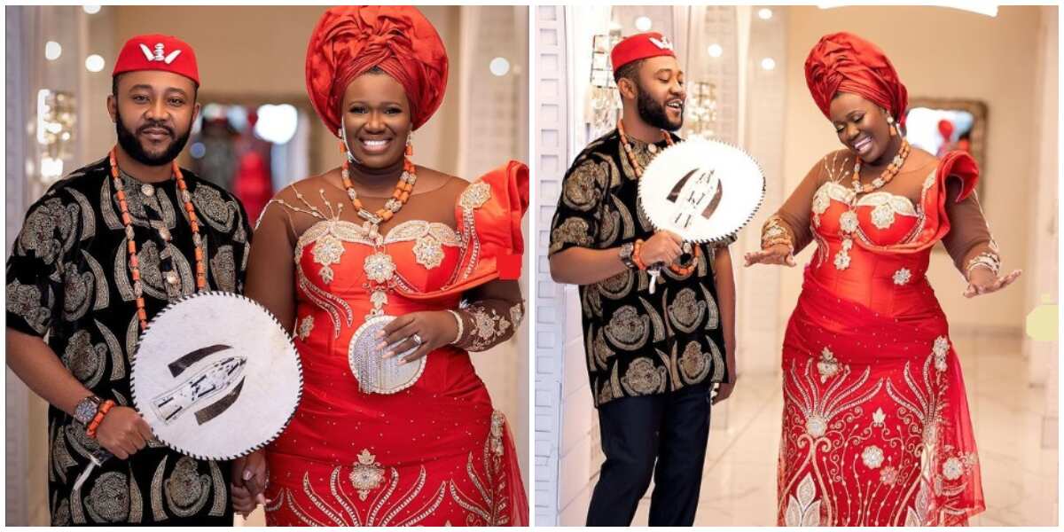 Slaying with love: Warri Pikin rocks gorgeous ensemble with hubby for 9th wedding anniversary