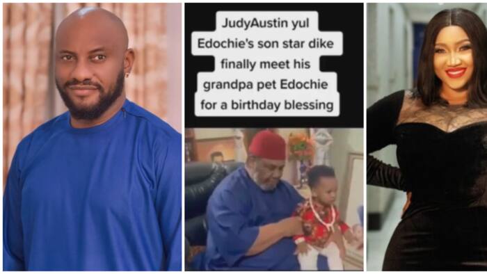 Nigerians react as Pete Edochie finally meets grandson from Yul and Judy Austen