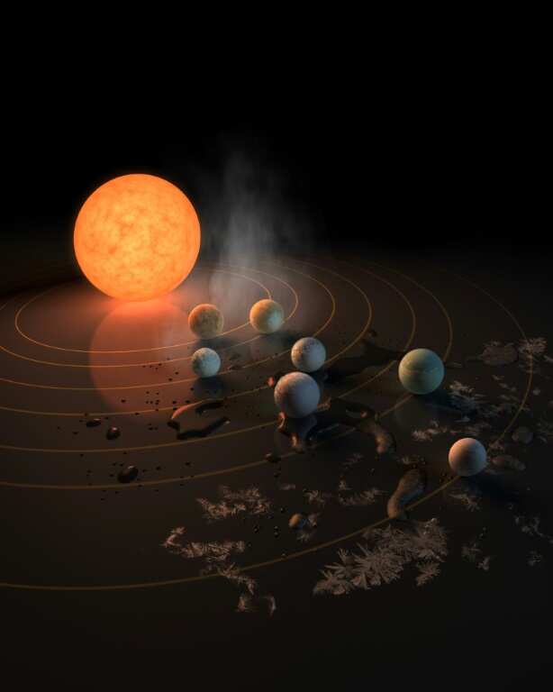 An artist's impression of the rocky exoplanets and ultracool red dwarf star of Trappist-1