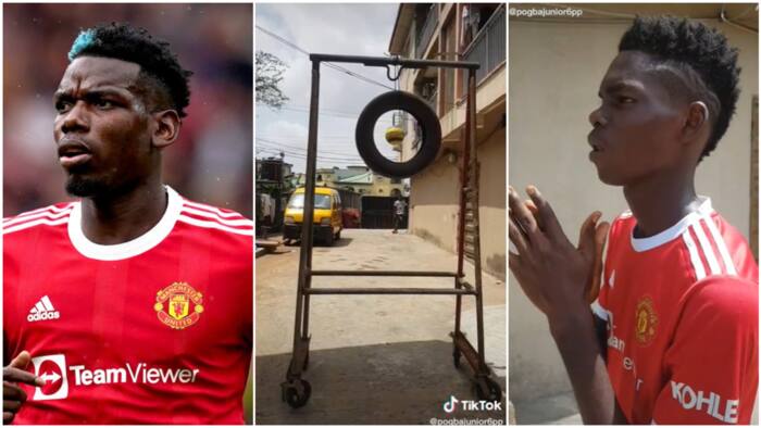 Nigerian man who looks like Paul Pogba shows off skill, shoots ball from distance, makes it sit inside tyre