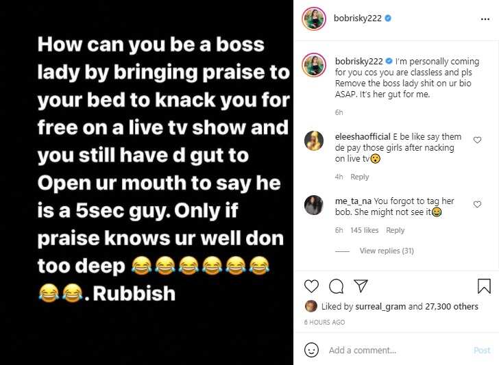 Screenshot of Bobrisky's post about Ka3na.