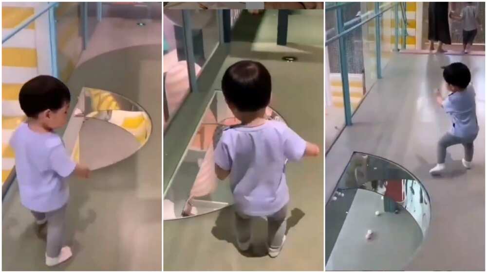 Funny moment baby runs away from trasparent floor design, thinks he's going to fall