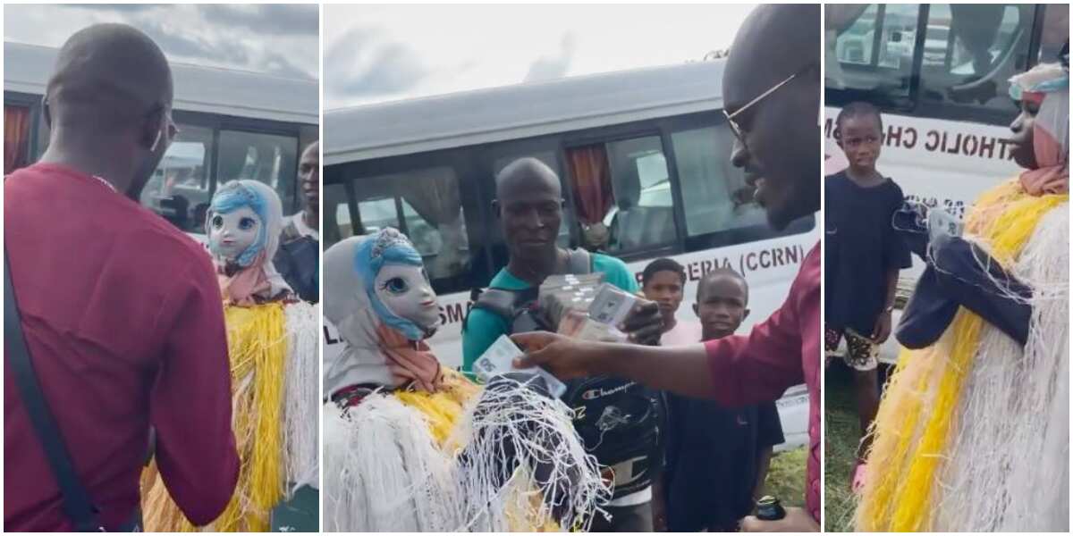 Masquerade opens mask after Mr Jollof gifts him cash, comedian says: 'na poor man dem dey flog'