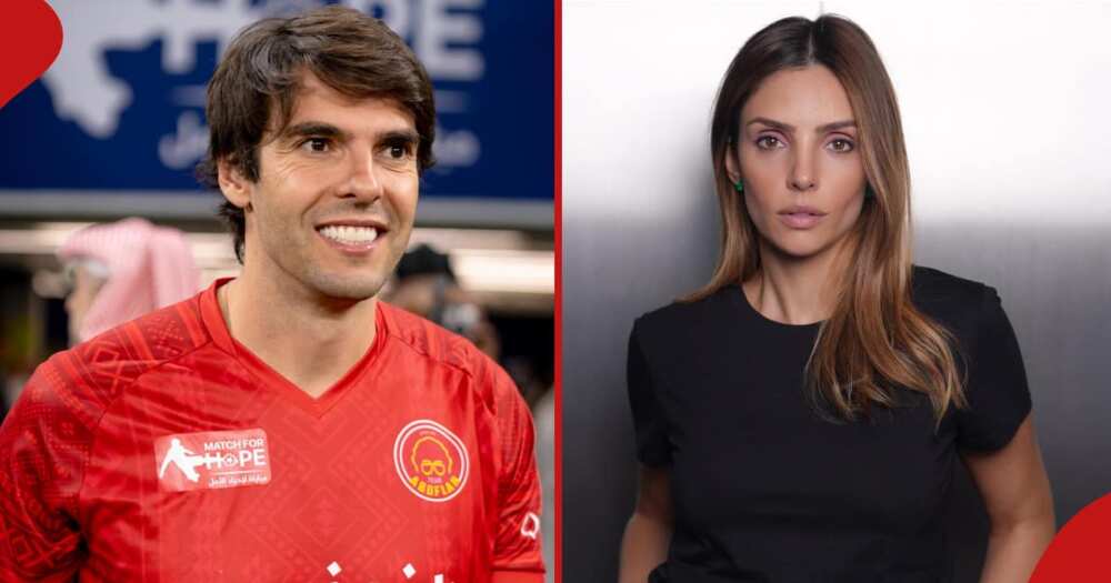 Kaka smiles during a match in the left frame and his ex-wife Caroline Celico poses for a photo in an elevator in the right frame.