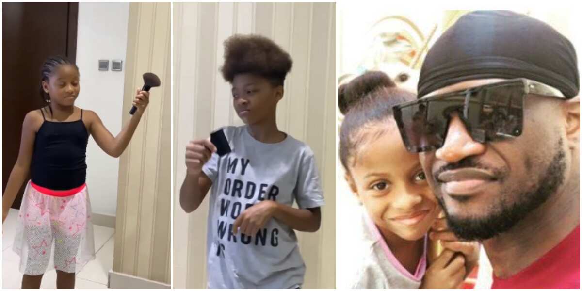 Peter Okoye's daughter likens brother's full hair to makeup brush in funny video, fans react