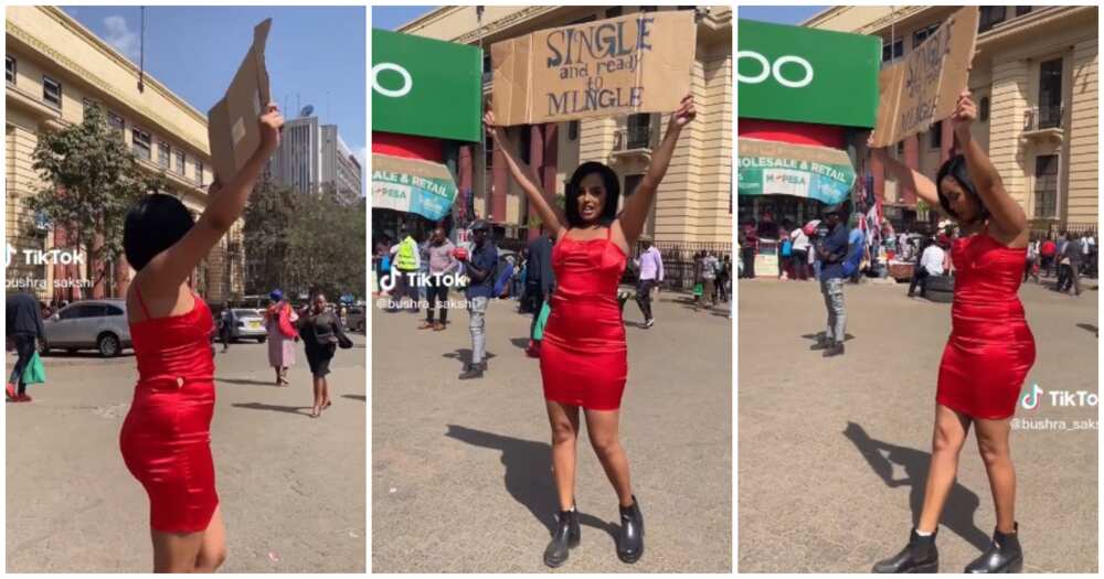 Single lady, placard, ready to mingle, hit the street Single lady, placard, ready to mingle, hit the street