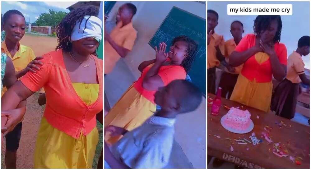 Photos of school children giving their teacher a birthday cake.