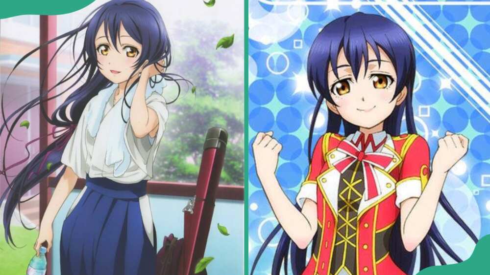 Umio Sonoda standing next to a red post (L). The character but in a red and yellow uniform (R)
