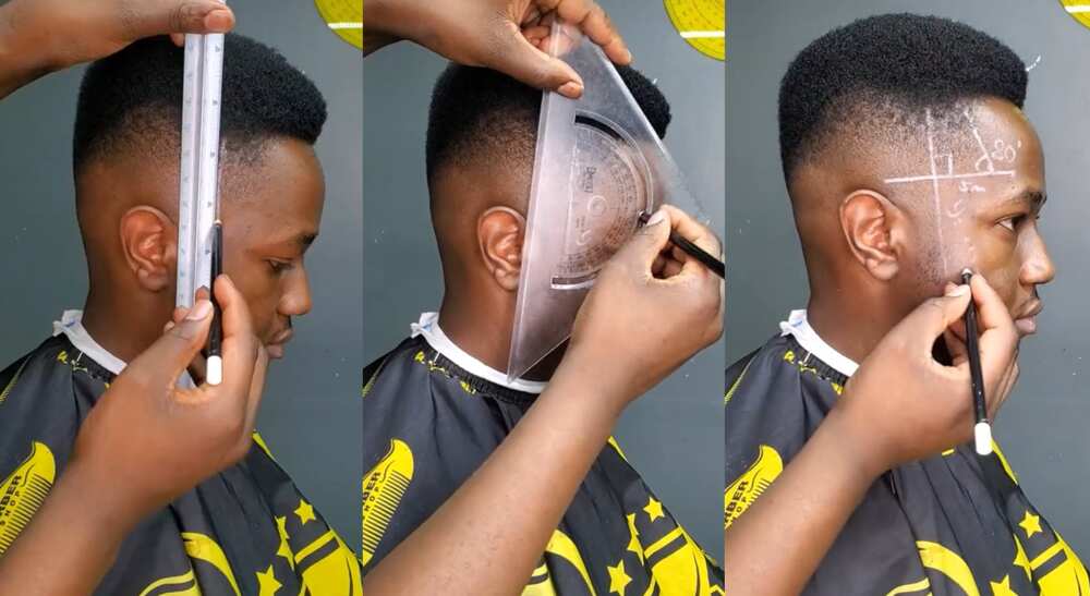 Photos of a barber using geometry tools to measure hair.