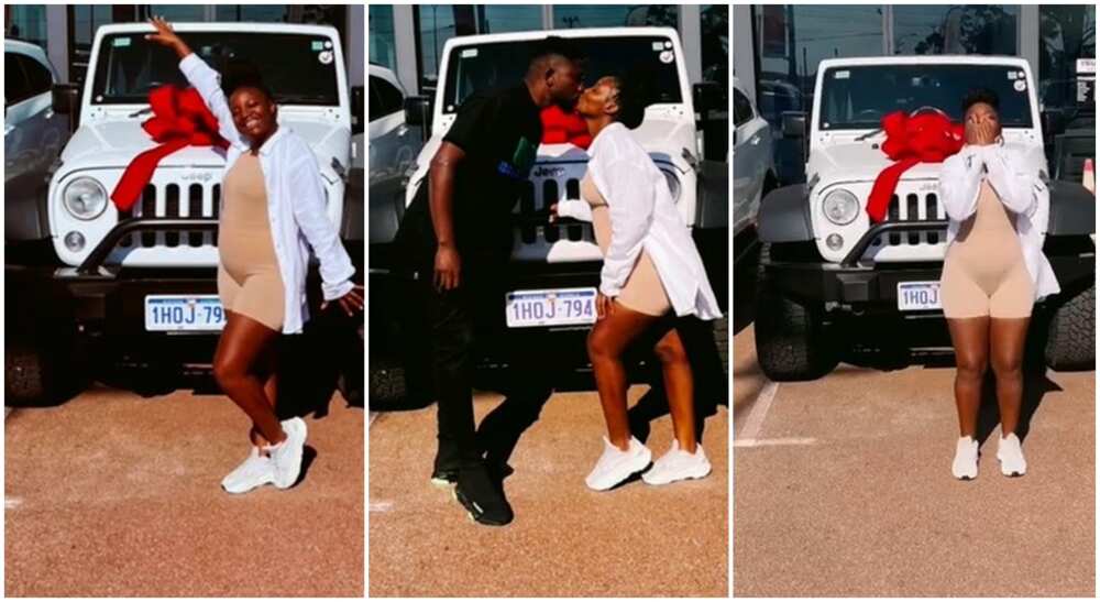Photos of a lady kissing her man as she gets a car as a push gift.