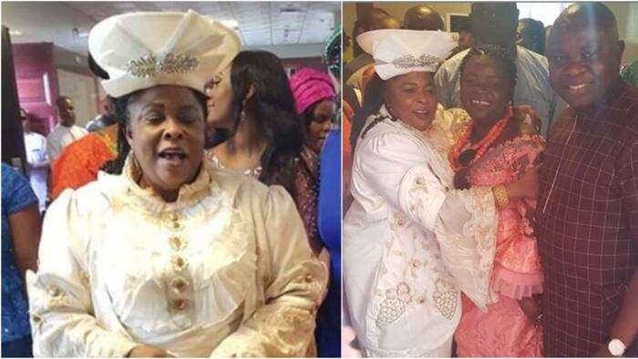 Former first lady Patience Jonathan rocks bishop style attire as she attends a baby dedication (photos)