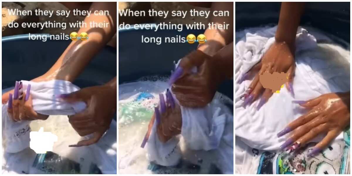 "Buy Washing Machine": Mixed Reactions as Lady with Long Nails Struggles to Do Laundry in Video