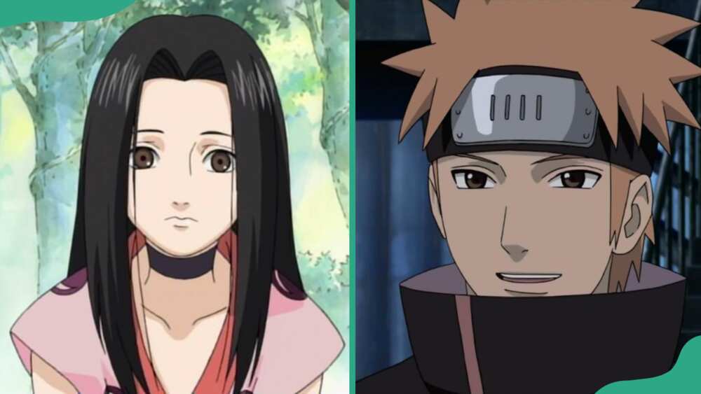 Haku in a pink and white outfit (L). The character in dark clothing (R)