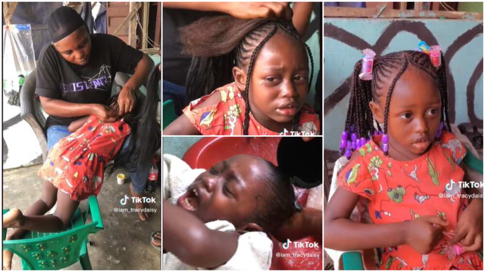 Ghana weaving on kid/girl cried while making hair.
