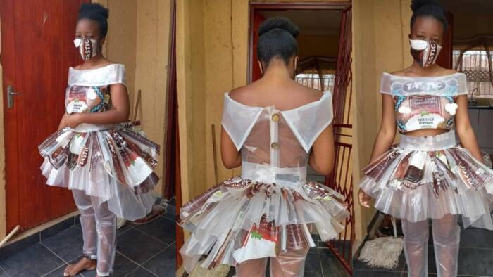 Check out amazing photos of dress this lady wears which is made from rice bags, many people react to the innovation