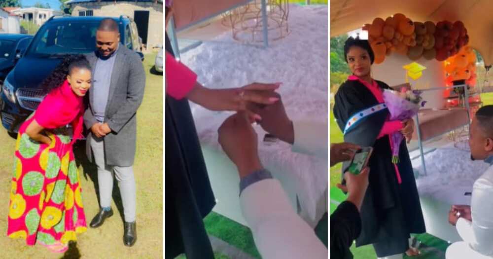 Snenhlanhla Mnambathi with her loving fiancé on graduation day, man proposes at graduation, marriage proposal