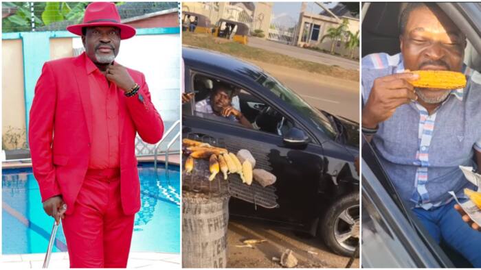 You sef won contest? Reactions as veteran actor Kanayo stops by roadside in Abuja to buy roasted corn, pear