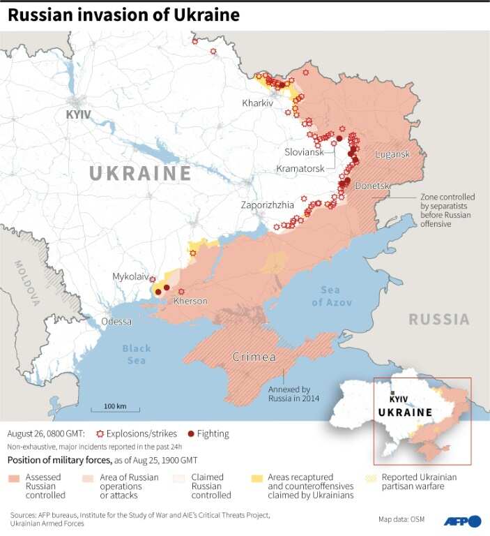 Map showing the situation in Ukraine as of August 26 at 0800 GMT