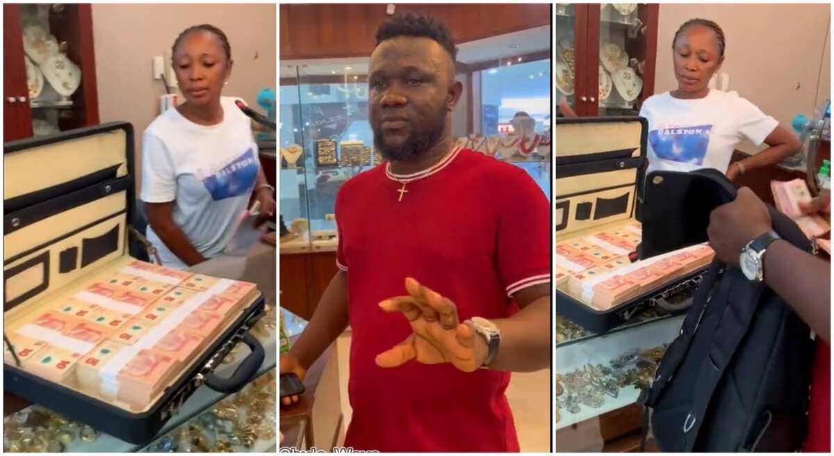 Watch: Man storms big jewellery shop with briefcase of N10 notes, salesgirl reacts