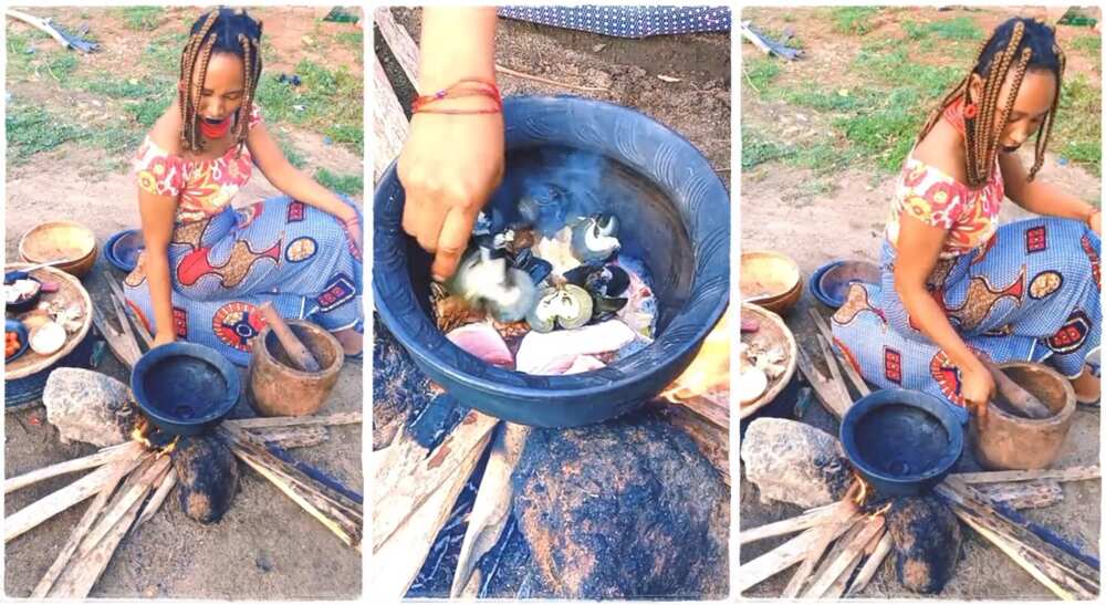 Photos of a Nigerian lady preparing food with a clay pot.