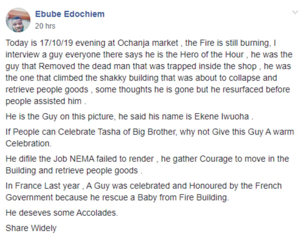 Young man hailed as the hero of Onitsha fire for allegedly saving lives and properties