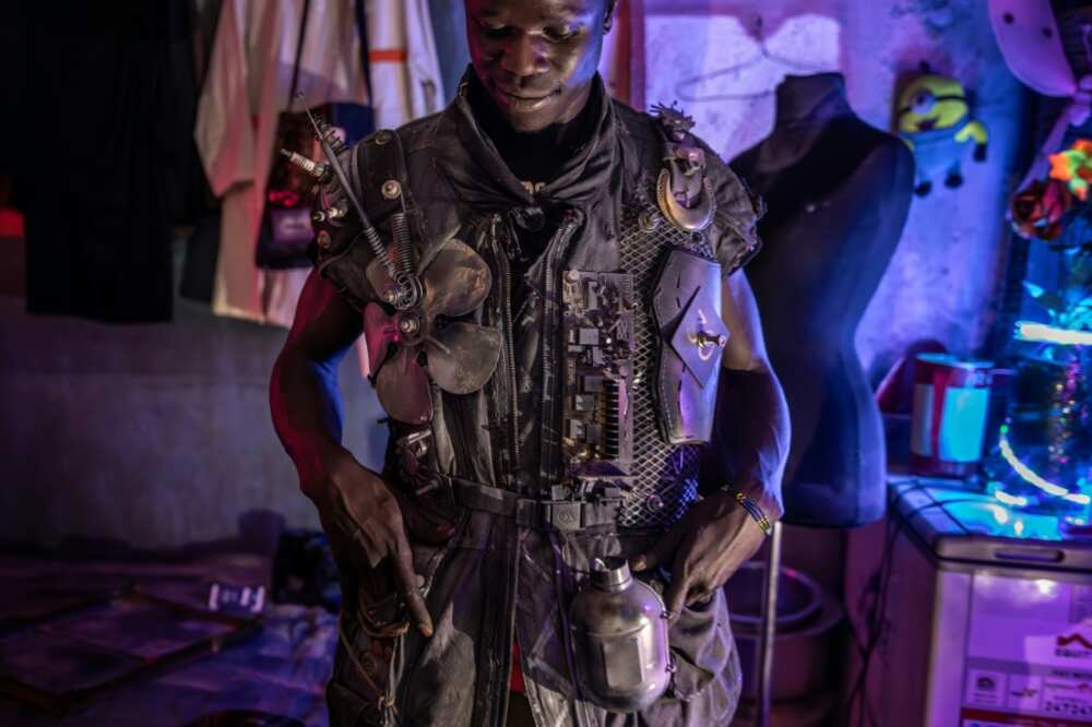 Fashion designer Pius Ochieng wears one of his dystopian inspired pieces