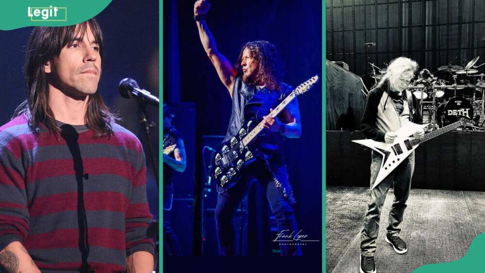 Rock music artists (L-R) Anthony Kiedis, Michael Wilton, and Dave Mustaine
