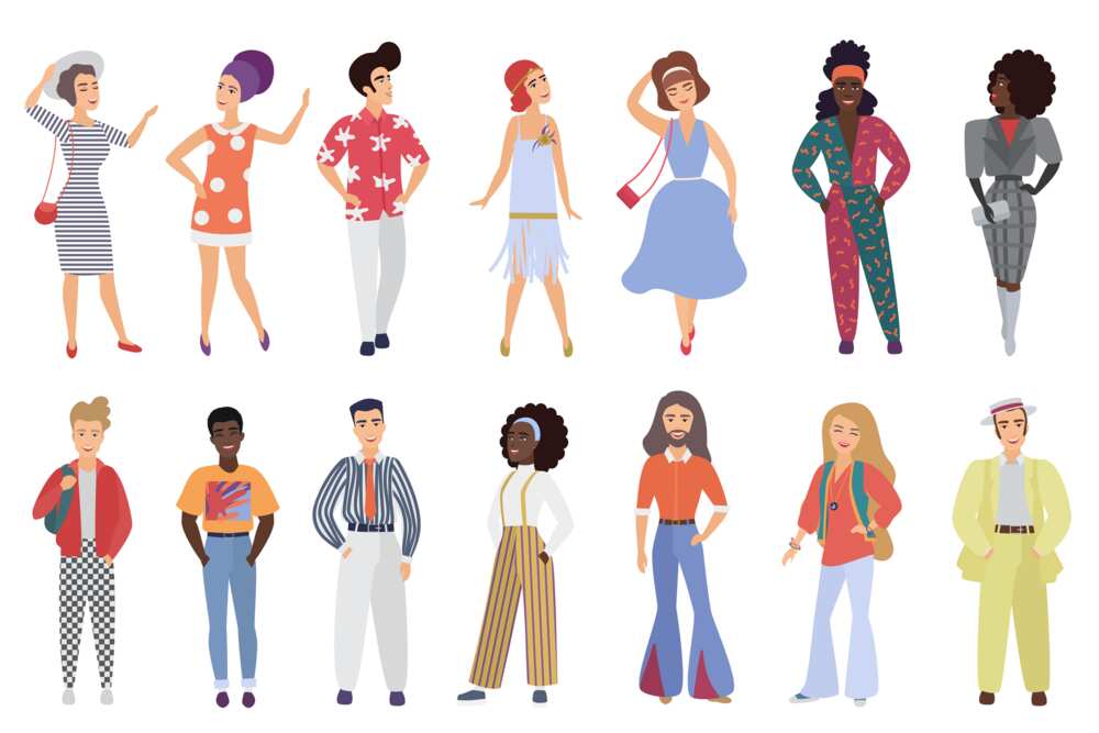 Set of young men and women wearing retro disco party clothes in the '60s, '70s, '80s and '90s style isolated on a white background vector illustration