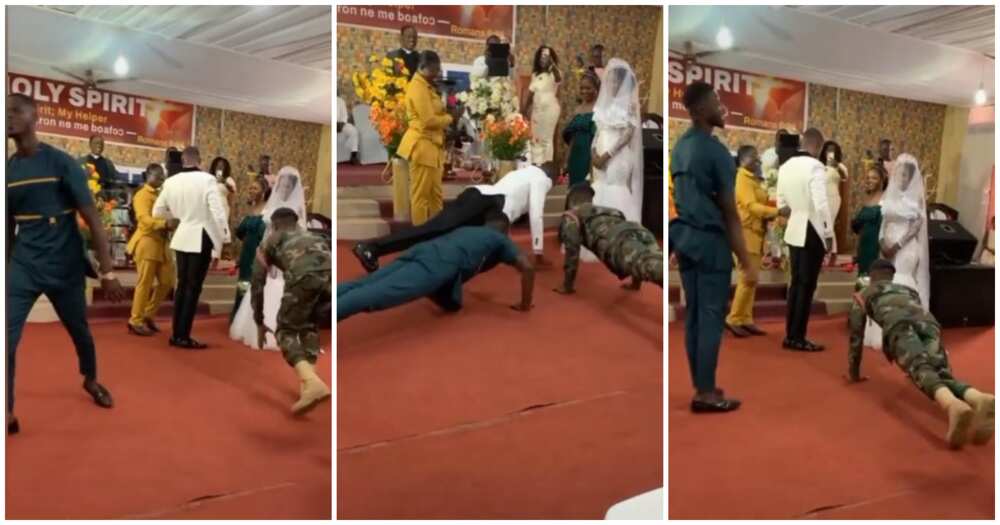 Military wedding, press-ups, soldier and his pals, bride, soldier goom
