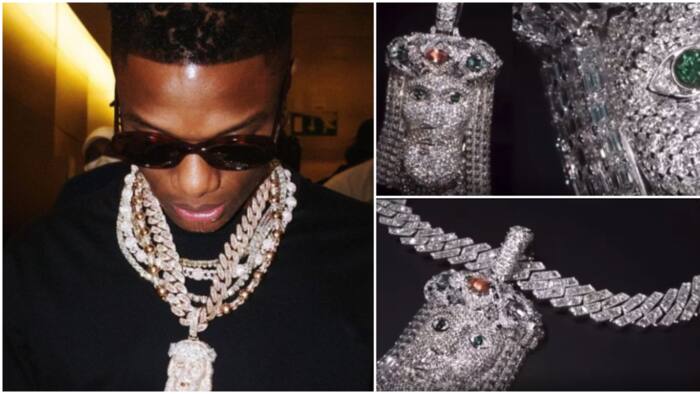 Money gang: Up-close look at singer Wizkid's Jesus-themed pendants worth over N600m, fans excited