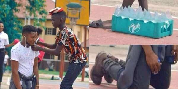 Emotional moment final year student kneels down for boy who hawks "pure water" to sign on his shirt