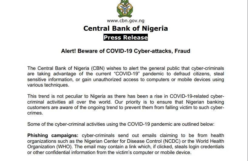 Beware of COVID-19 cyber-attacks, fraud - CBN warns Nigerians