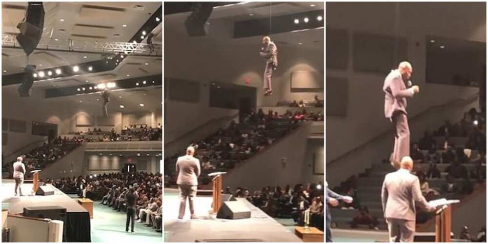 Flashback: Video of the stunning moment a pastor 'flew' in to give sermon to church members