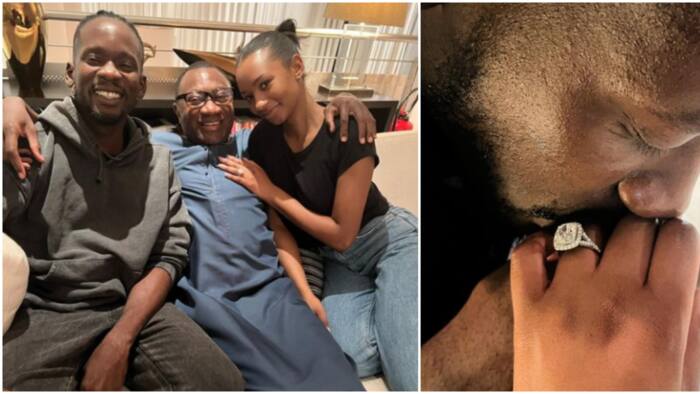 Eazi does it: Otedola writes as Temi, son-in-law visit him after engagement, photo melts hearts, Davido reacts