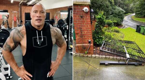 Actor Dwayne Johnson rips his faulty gate in order to get to work