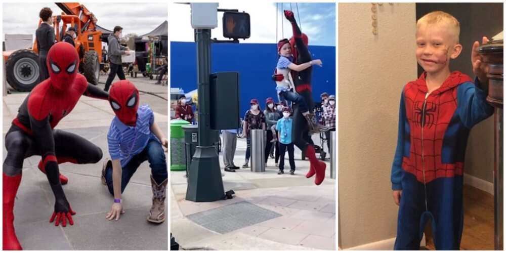 Cute video shows boy who saved sister from dog attack 'flying' with the real Spider-Man on set