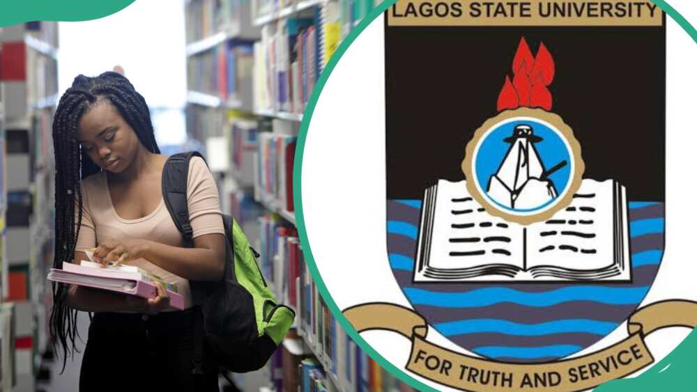 A female student in library (L). The LASU logo (R)