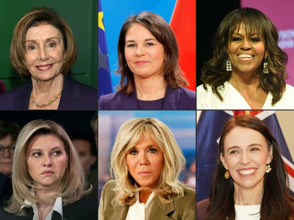 (Clockwise, from top left) ex-US House Speaker Nancy Pelosi, German foreign minister Annalena Baerbock, ex-US first lady Michelle Obama, ex-New Zealand PM Jacinda Ardern, French First Lady Brigitte Macron and Ukraine First Lady Olena Zelenska
